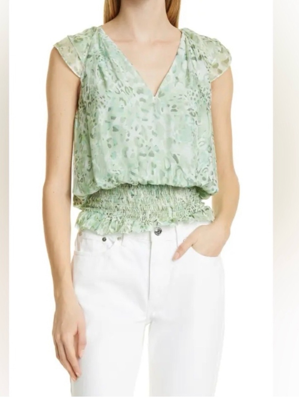 Ramy Brook Miller Julep Green Animal Print Silk Blend Smocked Blouse Size Medium